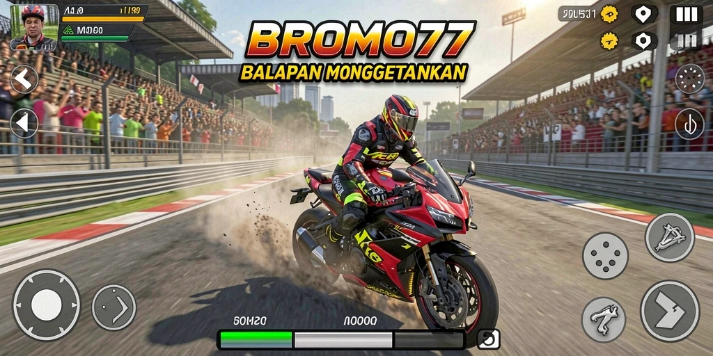 Screenshot gameplay BROMO77 menampilkan aksi balapan motor yang seru dan menegangkan.