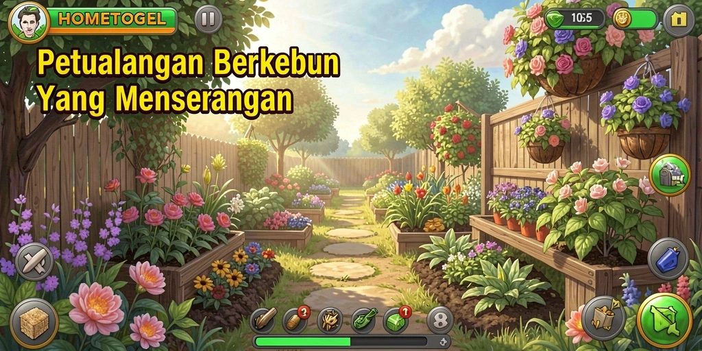 Tampilan gameplay HOMETOGEL yang memukau dengan kebun yang hijau
