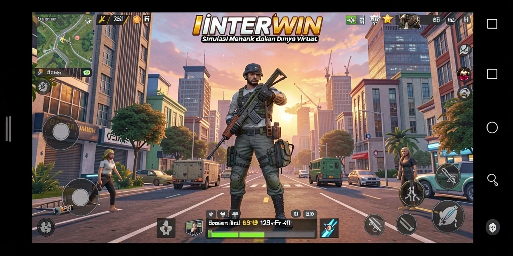 Tampilan utama gameplay INTERWIN yang menampilkan karakter dan aktivitas harian.