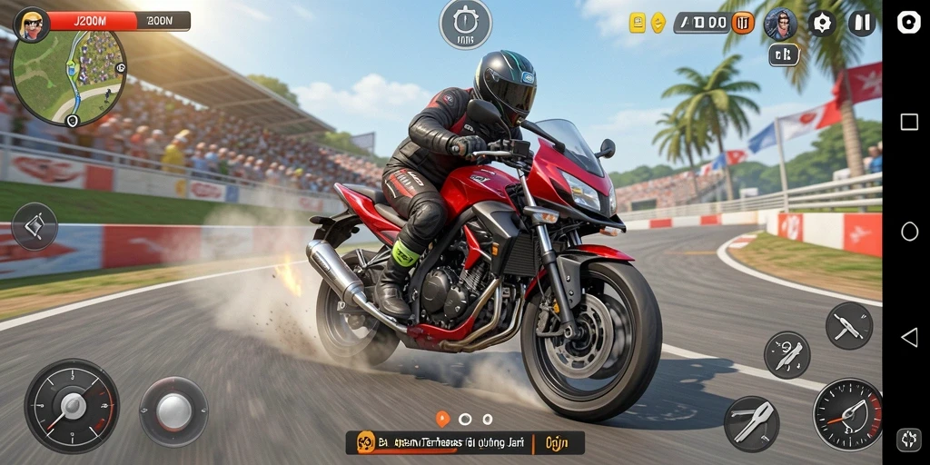 Tampilan gameplay J200M yang seru dan mendebarkan saat balapan motor.