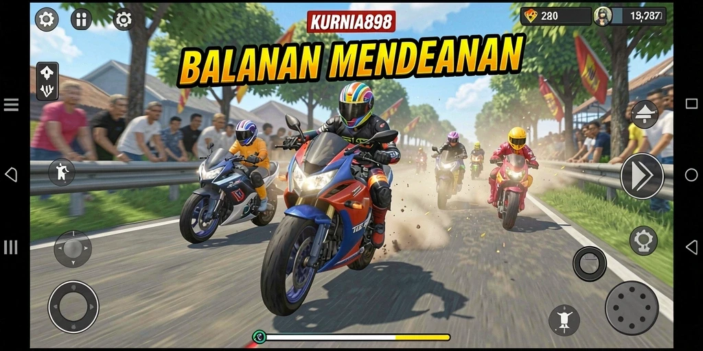 Tangkapan layar dari gameplay balapan motor yang menegangkan di KURNIA898.