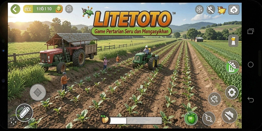 Tangkapan layar gameplay LITETOTO dengan visual mencolok dan aktivitas pertanian.