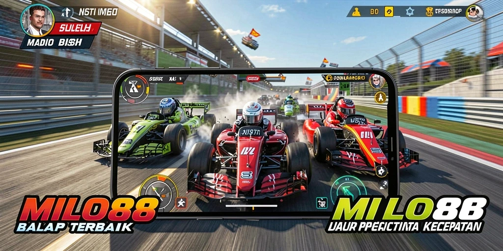 Tampilan gameplay seru dari MILO88 saat balapan di lintasan menantang.