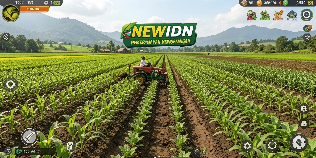 Screenshot gameplay NEWIDN menampilkan ladang yang subur dan hewan ternak.