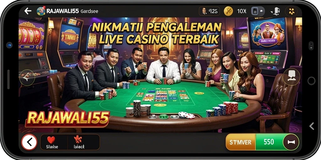 Screenshot gameplay RAJAWALI55 menampilkan dealer profesional dan suasana kasino yang mendebarkan.