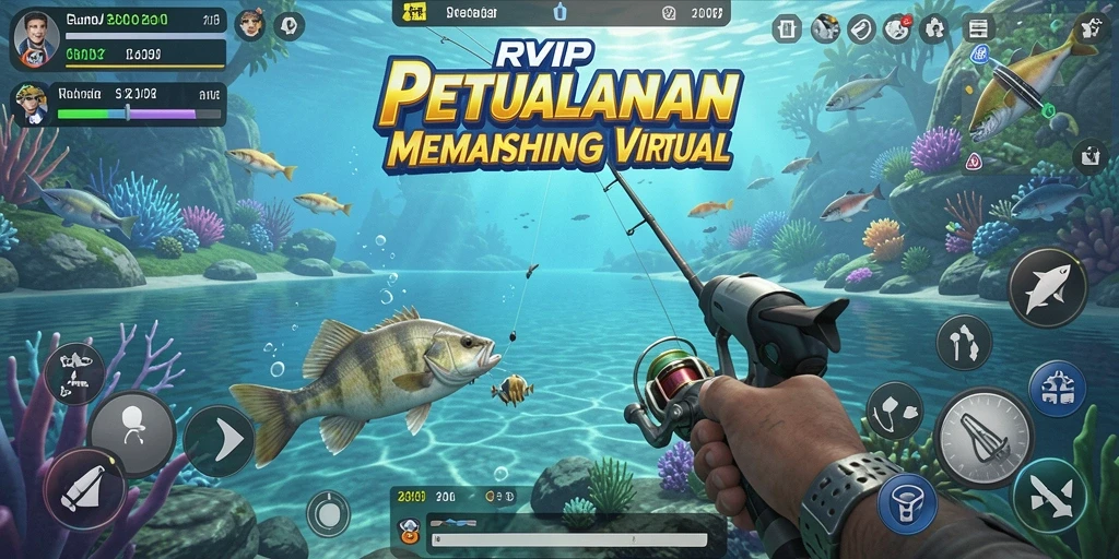 Tampilan gameplay seru memancing di RVIP dengan pemandangan indah.