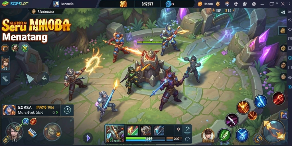 Tampilan intens gameplay MOBA di SGPSLOT dengan karakter yang beraksi.